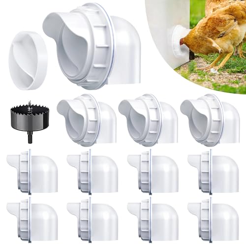 Chicken Feeder Port, 12 Chicken Feeders No Waste,12 Lids 1 Drill Bit, White | Rainproof DIY Automatic Poultry Feeder Cups Kit, Common Breeds Chicken Bucket Feeder for Barrels - color: White, size: 12 pack