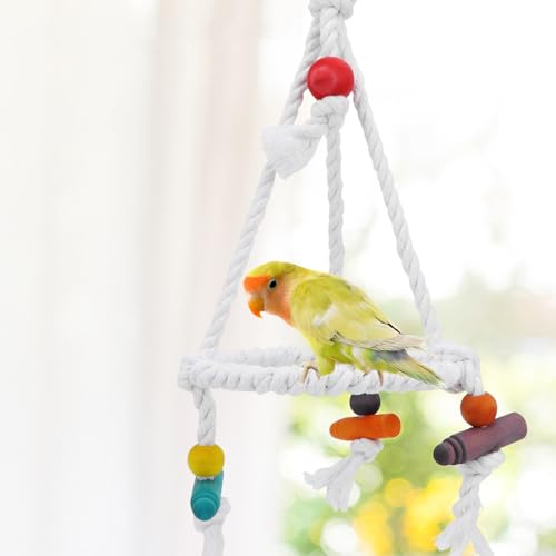 Hypeety Bird Swing Cotton Rope Round Hanging Hammock Perch Toy for Parakeet | Durable stainless steel ring with colorful beads, easy-hanging, stable ring struction, for budgies/conures/quakers, white