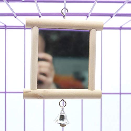 Litewoo Bird Mirror with Bell Parrot Swing Interactive Play Toys, 1PC | Natural wood, with bell, 5.91"x3.94", reduces loneliness, easy hang on cages, for small bird/parakeet/conure/lovebird - color: Bird Mirror with Bell-2 PCS