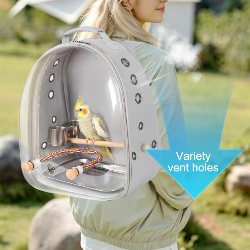 Bird Traval Carrier Cage, Multi Vent Holes Clear Space Capsule Astronaut Backpack to Carry Parakeet Cockatiel Parrot with Metal Tray Wood Perch, Vet Transport Book Bag - color: Grey