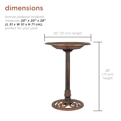 Alpine Corporation | 28" Bronze Outdoor Pedestal Birdbath with Scrollwork Base and Ground Stakes — Elegant Garden Décor, Durable Weather-Resistant Design for Lawn, Patio, or Yard - color: Bronze