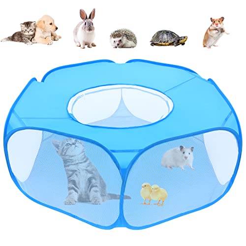 Small Animal Playpens with Top Cover, Foldable Breathable Small Pets Cage Tent Outdoor Indoor Portable Play Pen for Guinea Pig Hedgehog Hamster Cat Rabbit Bunny Puppy Ferret Rat Chicks (Blue) - color: Blue