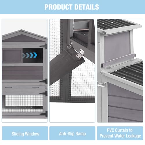 Large Chicken Coop with Run, 80.5’’ Chicken Tractor with Wheels, Wooden Hen House Poultry Cage with Plastic Waterproof Roof and Nesting Box, Leakproof Pull-Out Tray - color: Grey, size: 80.5"L x 21.2"W x 42.5"H