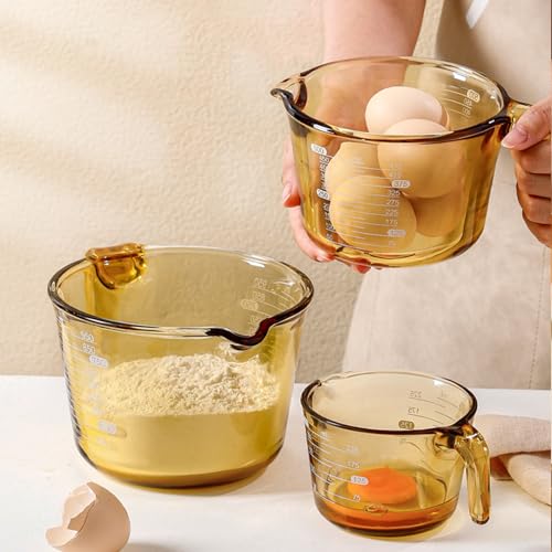 3-Piece Amber Glass Measuring Cup Set Kitchen Measuring Jug | Clear scale marking, match egg beater & flour measurer, dishwasher safe; 250ml,500ml,1000ml capacity - color: Amber