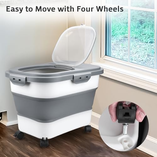 Rice Storage Containers, Collapsible 20 to 30Lbs Food Storage Bin Dispenser with Rolling Wheel and Clear Airtight Lid, BPA Free Flour, Sugar, Cereal and Dog Cat Pet food Containers - color: White