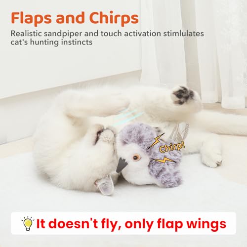 Potaroma Cat Toys Flapping Bird (No Flying), Lifelike Sandpiper Chirp Tweet, Rechargeable Touch Activated Kitten Toy Interactive Cat Exercise Toys for All Breeds Cat Kicker Catnip Toys 4.0" | Lifelike Sandpiper Chirp, Touch Activated, Rechargeable Kitten