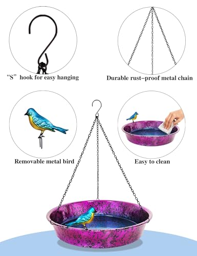Hanging Bird Bath for Outside, 11.5” Metallic Purple & Blue Metal Birdbath Bowl & Feeder with Black Chain Outdoor Garden Yard Decor - color: Metallic Purple & Blue