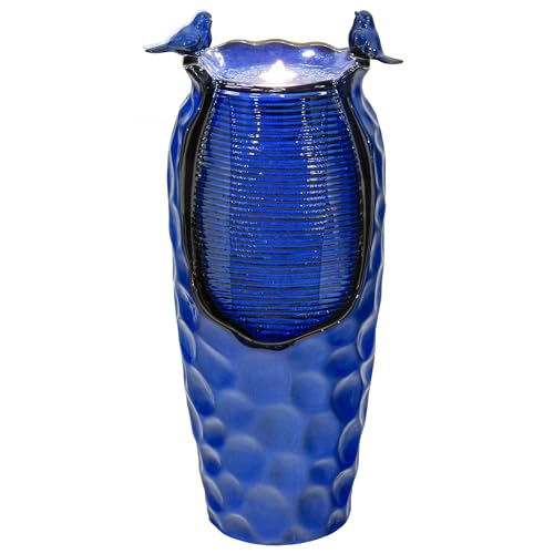 Autodaya 33" Vase Ceramic Outdoor Water Fountain with Lights and Birds | cobalt blue glazed water feature with textured design, ambient soothing cascading water flow for garden patio yard sanctuary - color: 33"h-hammered Cobalt Blue