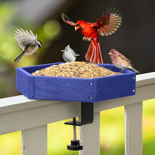 Kingsyard Clamp-On Deck Bird Feeder for Balcony Railings, No Drill | Recycled Poly Lumber, Weather Resistant, Mesh Tray for Airflow & Drainage, Fits Railings up to 2.2 in - color: Blue