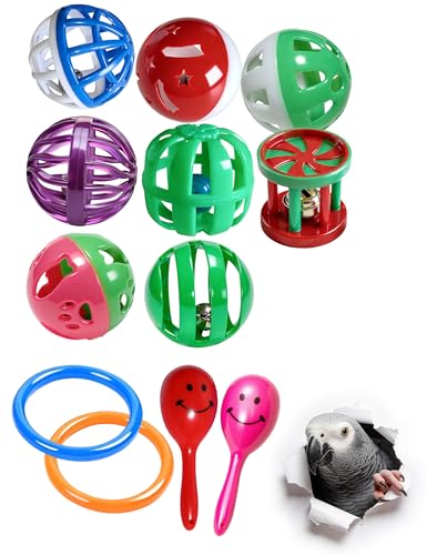 12 Pack Bell Chew Toy Balls for Parakeets Cockatiels Bird Cage Play Toys | Made of BPA Free PP Plastic, Built In Bells, 12 Mixed Shapes, Smooth Safe Edges, Fit All Standard Bird Cage Spaces