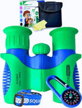 Kids Binoculars Ages 3-12, 8x21 Compact Shockproof Green | bird watching, camping, hiking, for boys and girls, includes carry case, neck strap, compass, carabiner, birthday gift - color: Green/Blue