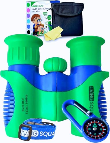 Kids Binoculars Ages 3-12, 8x21 Compact Shockproof Green | bird watching, camping, hiking, for boys and girls, includes carry case, neck strap, compass, carabiner, birthday gift - color: Green/Blue