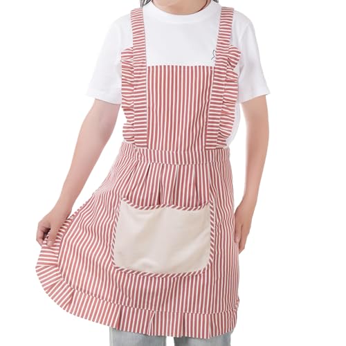 Cute Cotton Apron for Women, Adjustable Bib Cooking Kitchen Aprons with Pockets for BBQ Drawing Baking - color: Red
