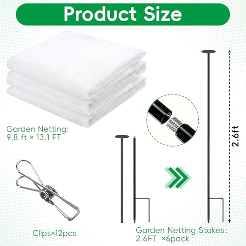 Metal Garden Netting Covers Kit, 6 Pack 2.6FT Poles, 10FTX13FT Mesh | Raised Beds, Garden Poles Support Stakes, 12 Clips, Insect Pest Barrier, Vegetables, Fruits, Flowers, Garden Protection - size: 2.6FT