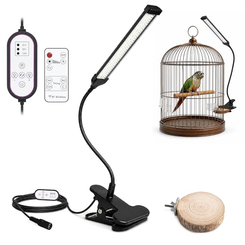 Bird Cage Light Full Spectrum LED with Remote Control, 10 Brightness Levels 3/9/12H Timer Flexible Gooseneck Lamp for Parrot Pet Birds Indoor Cages