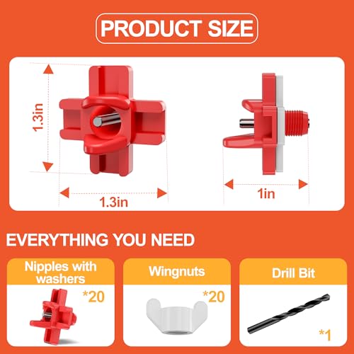 Automatic Chicken Waterer Nipples with Drill Bit (20 Pack Red) | Leak-proof Horizontal Poultry Watering System, Side Mount For Chickens - size: 20 Pack