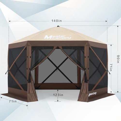 MASTERCANOPY 12x12Pop Up Gazebo Screen Room with Netting Beige&Coffee | Full-Screen Netting Walls Keep Bugs Out Quick SetUp Screen House Room for Camping, Backyard, Patio - color: Beige&Coffee, size: 12x12 ft