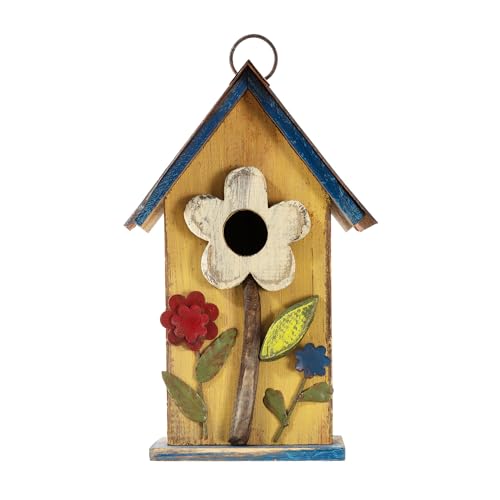 Glitzhome Bird Houses for Outside, 10.25" Wooden Bird House Hanging Birdhouse Distressed Flower Garden Bluebird House for Outdoor, Bird Nest Box for Bluebird Wren Chickadee Sparrow - color: 10.25"H Flower Washed Yellow