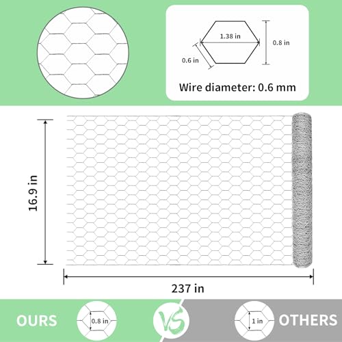Chicken Wire 16.9 in x 237 in Poultry Wire Netting Hexagonal Galvanized Mesh Garden Fence Barrier for Pet Rabbit Chicken Fencing with 100 Pcs Cable Zip Ties - color: Silver, size: 16.9"x237"+100Ties