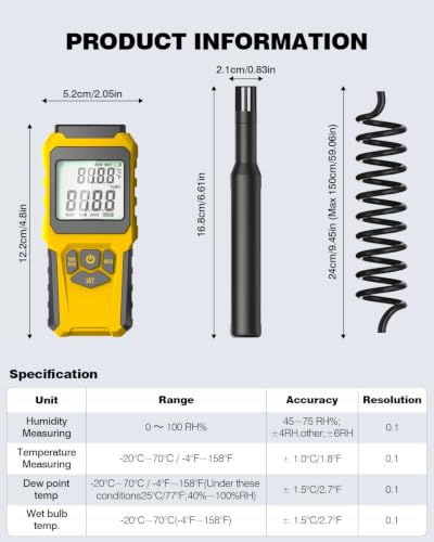 MT-93D Split Thermo Hygrometer Humidity Meter | Flexible spring cord air temp probe, RH dew wet bulb readout, backlit LCD, data hold MAX/MIN, ℃/℉, humidifier HVAC greenhouse