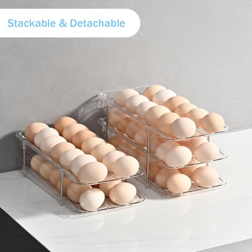 Egg Holder,4 Tier Clear Organizer with Auto-Roll Design, Adjustable Height Egg Storage Container Holds Up to 56 Eggs for Refrigerator,Kitchen Cabinet