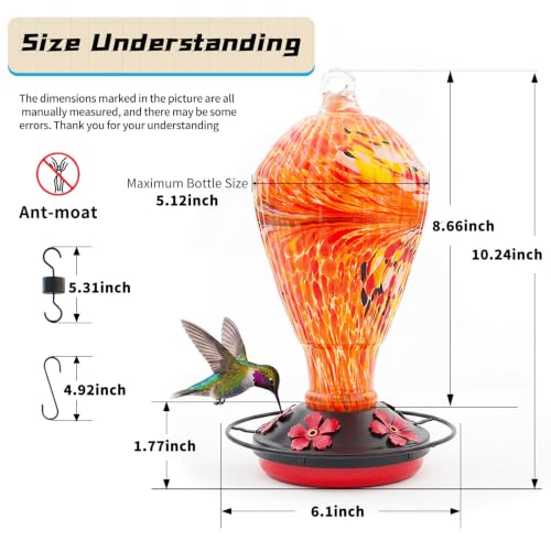 Orange Hummingbird Feeder Colorful Blown Glass Outdoor Hummingbird Feeder with Ant Moat and 5 Feeding Ports for Outdoors Hanging Garden Decor, Bird Lovers - color: Orange-Phoenix
