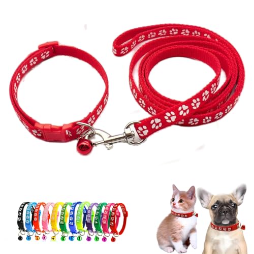 Puppy Dog Collar Leash Set,Cat Kitten Collars with Bell, Red XXS,XS | Paw Print Reflective Dog Collar Leash Set with Bell, Basic Nylon Boy Girls Pet Collar Adjustable For XXS XS S Tiny Puppies - color: red