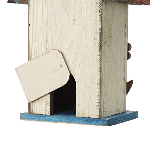 Glitzhome 10.25" Hanging Birdhouse for Outside, Distressed White with 3D Flowers - Spring Ready Nesting Box & Christmas Garden Gift Idea