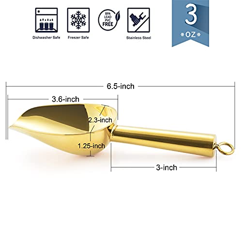 E-far Mini Ice Scoop Set of 2, 3 Ounce Gold Stainless Steel Food Scoops | Small Metal Scoop for Candy/Flour/Sugar, Ideal for Freezer/Party/Canister/Kitchen Bar/Ice Maker, Rust Proof & Easy Clean - color: Gold