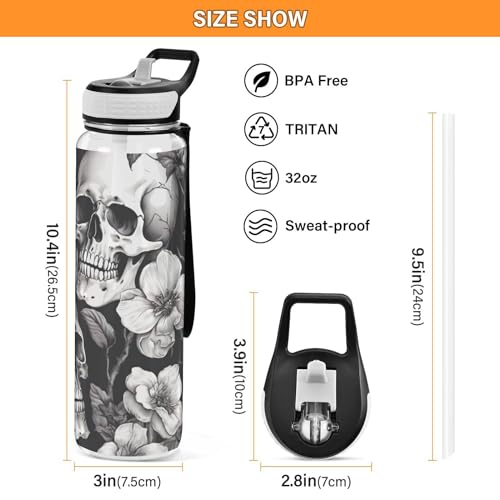 White Skull 32 oz Water Bottle - Clear Tritan, BPA-Free, LeakProof with Carry Strap for Sports, Gym & Outdoor Activities - color: C109