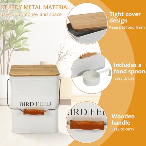 Morezi Bird Treat and Food Storage tin with Wooden lid and Scoop Included - White Powder - Carbon Steel - Birds Food bin - pet Food Container Storage Canister - color: White wood lid