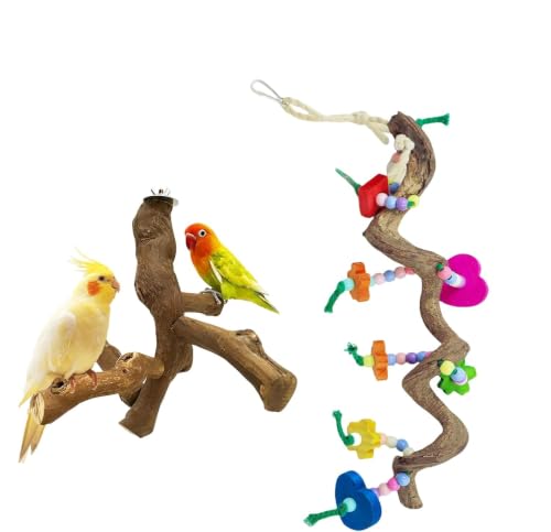 2ps Bird Perch for Cage,Grape Wood Parrot Perches with Chew Toys(Grapevine) | Climbing, beak sharpening, claw sharpening - color: Grapevine