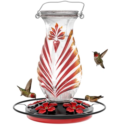 Hummingbird Feeder for Outdoors, 24oz Glass Nectar Feeder with Perch & 5 Flower Feeding Ports, Leakproof Hanging Bird Feeder for Garden Yard Decor, Outside Gifts for Women & Mom, Ruby Red - color: Ruby Red