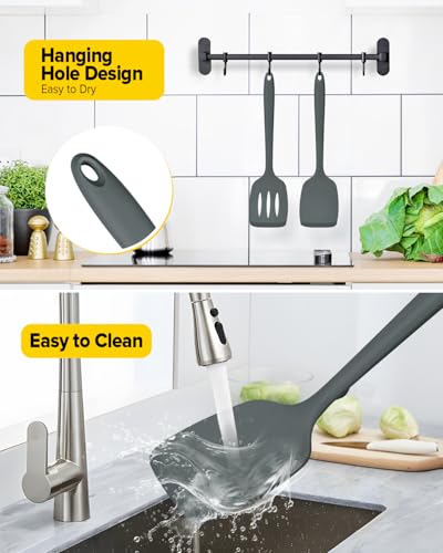 Pack of 2 Silicone Spatula Turners, Non Stick Slotted Kitchen Spatula Set, Heat Resistant BPA Free Kitchen Utensils, One-Piece Design, Suitable for Flipping Fish, Eggs, Steak, Pancakes(GRAY) - color: Gray
