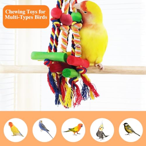 2 Pack Dangly Rope Bird Toys, Parakeet & Conure Toys with Multicolored Natural Wood, Chewing Toy Hanging Bird Cage Accessories for Parakeet Conure Cockatiel Parrot Lovebird
