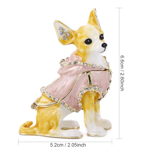 Hand Painted Enameled Chihuahua Trinket Box, Hinged Unique Mini Ring Necklace Jewelry Organizer, Classical Bejeweled Storage, Figurine Collectible Keepsake Home Decor (Chihuahua) - color: Chihuahua