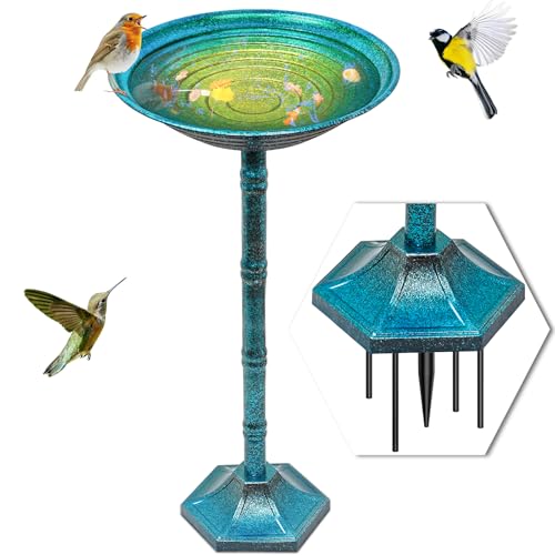 Metal Bird Bath for Outside, Freestanding Garden Metal Birdbaths with Stable Upgrades Stake, Easy to Clean Birdfeeder for Outdoors Garden Yard Lawn Decor(Blue) - color: Blue