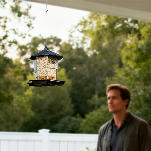 Hanging Bird Feeder for Outdoors,Large Hopper Squirrel Proof Birdfeeder for Cedar,Red,Cardinal,Blue Jay and Wild Birds,Easy to Feel Birdhouse & Bird Seed Feeder & Gazebo for Outside,Tree,Black