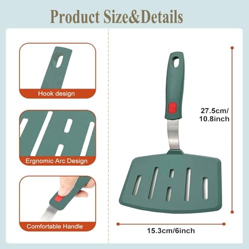 Silicone Spatula Turner, Omelette Egg Spatula Heat Resistant, Extra Wide Slotted Spatula for Cooking, Pancake Fish Spatulas Flipper for Nonstick Cookware Pan 600°F for Kitchen Use (Green) - color: Green