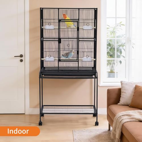 62" Large Bird Cage, Parrot Bird Cage with Rolling Stand & Storage Shelf, Heavy Duty Wrought Iron Flight Cage, Secure Lock, Ideal for Parakeets, Parrots, Cockatiels, Conures, Lovebirds - size: 37.2"L x 30.3"W x 4.3"H