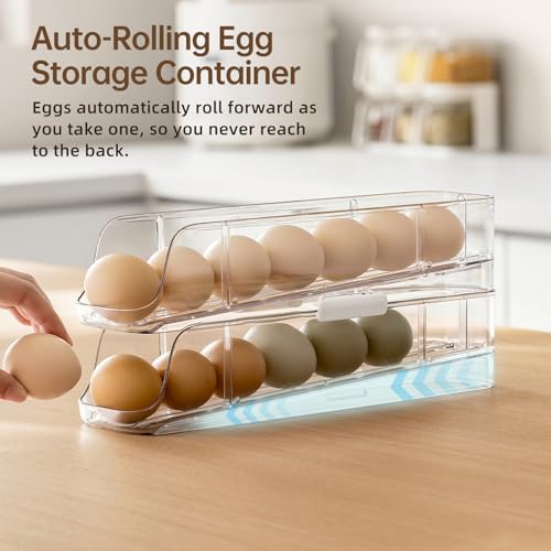 PAVSTINE 2-Tier Auto Rolling Egg Holder for Fridge, Clear Egg Dispenser | Stackable Egg Container, Holds Up To 14 Eggs Tray, Fits Kitchen Countertop/Refrigerator/Cabinet Storage Organizer - size: 2-Tier