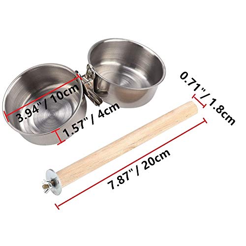 Litewoo Bird Perch with Feeder CupsBowls Stainless Steel for Parrot Cage, M | Odorless bird platform with holder hanger, outside durable water food dispenser, for parakeet/cockatiel/conure/macaw, 7.87“ - size: 7.9 inch