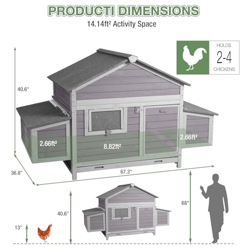 Large Chicken Coop for 2-4 Chickens, Outdoor Wooden Hen House with Weatherproof Asphalt Roof, 4 Sectionable Nesting Box, Dual Ramp Doors, Pull-Out Tray, 67.3" L x 36.8" W x 40.6" H - Grey - size: 67.3"L x 36.8"W x 40.6"H