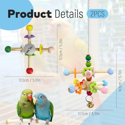2 Pcs Parakeet Toys, Natural Wood Spinner with Bells, Hanging Cage Accessories for Small Moderate Birds to Relieve Boredom and Anxiety