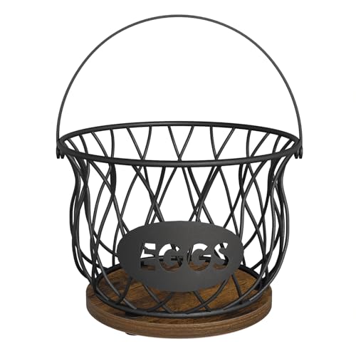 YINMIT Chicken Egg Basket, Round Egg Collecting Basket for Gathering Fresh Eggs, Farmhouse Wire Egg Basket with Handle, Egg Collector with Heavy Base for Kitchen Countertop