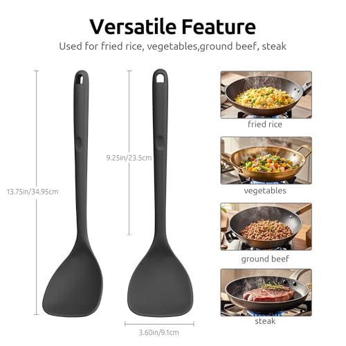 U-Taste 600ºF Heat Resistant 13.6in Long Solid & Slotted Silicone Turner and 600ºF Heat Resistant 13.76" Long, 3.63" Wide Wok Spatula for Kitchen Stir Fry (Black)
