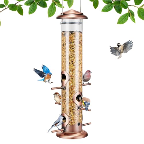 Kingsyard Metal Tube Bird Feeders for Outdoors Hanging | 6-Port with 360° Feeding, No-Spill Design, 2 lb Seed Capacity, Attracts Finches & Songbirds, Garden & Backyard Decor, Copper - color: Antique Copper