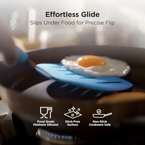 Kitchen Mama WaltzGrip Platinum Silicone Pancake Spatula Turner, Blue | Heat-Resistant, Slotted Tapered Head, Stainless Steel Core, Durable and Dishwasher-Safe, For Flipping and Wok Use - color: Blue