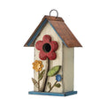 Glitzhome 10.25" Hanging Birdhouse for Outside, Distressed White with 3D Flowers - Spring Ready Nesting Box & Christmas Garden Gift Idea