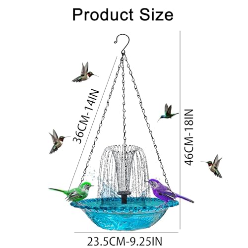 Hanging Bird Bath Fountain, Blue Glass Hanging Bird Bath with Water Fountain, Decorative Outdoor Bird Bath for Garden Yard Patio, Bird Water Feeder for Wild Birds